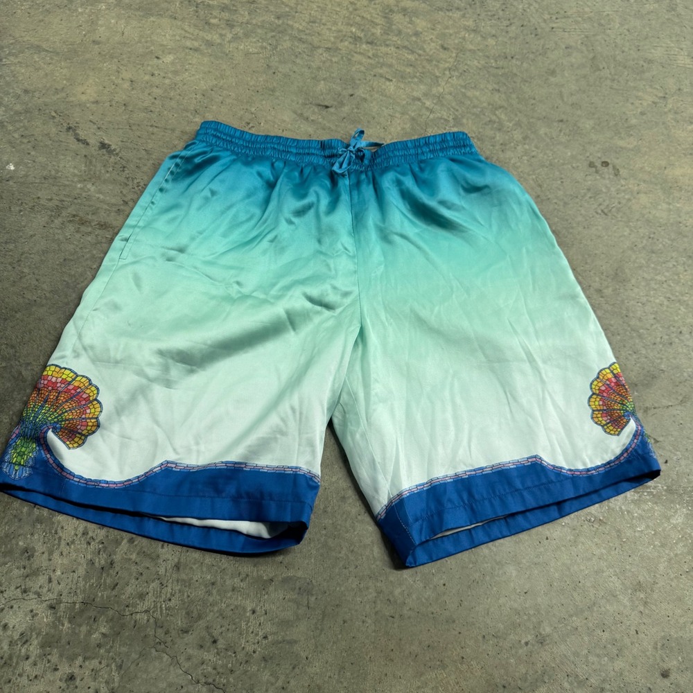 Casablanca Men's Coquillage Silk Shorts Blue Shell S/L Beach Designer Luxury